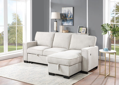 Ivy Beige Fabric Reversible Sleeper Sectional with Storage Chaise Drop-Down Table 2 Cup Holders and 2USB Ports
