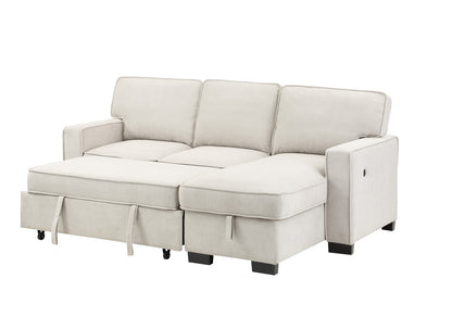 Ivy Beige Fabric Reversible Sleeper Sectional with Storage Chaise Drop-Down Table 2 Cup Holders and 2USB Ports