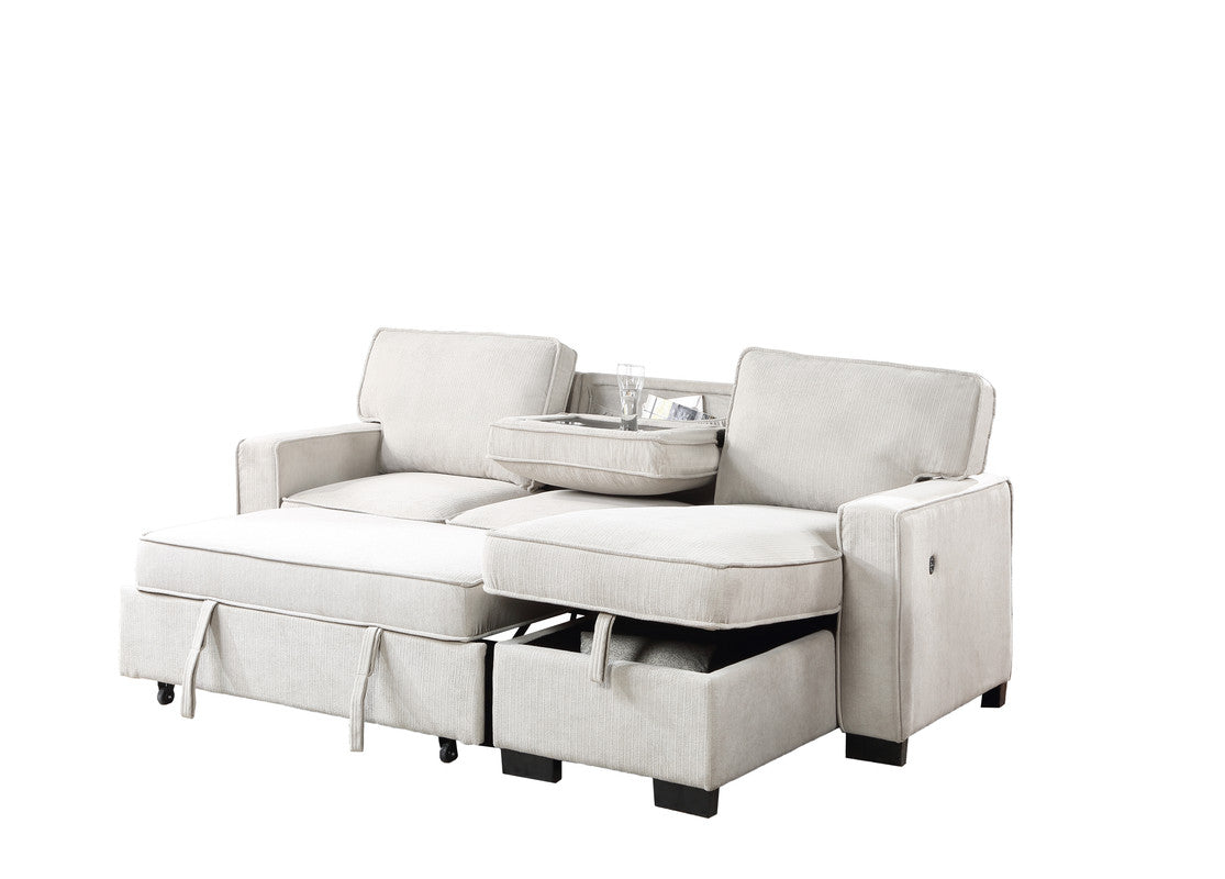 ivy beige fabric reversible sleeper sectional with storage chaise drop-down table 2 cup holders and 2usb ports