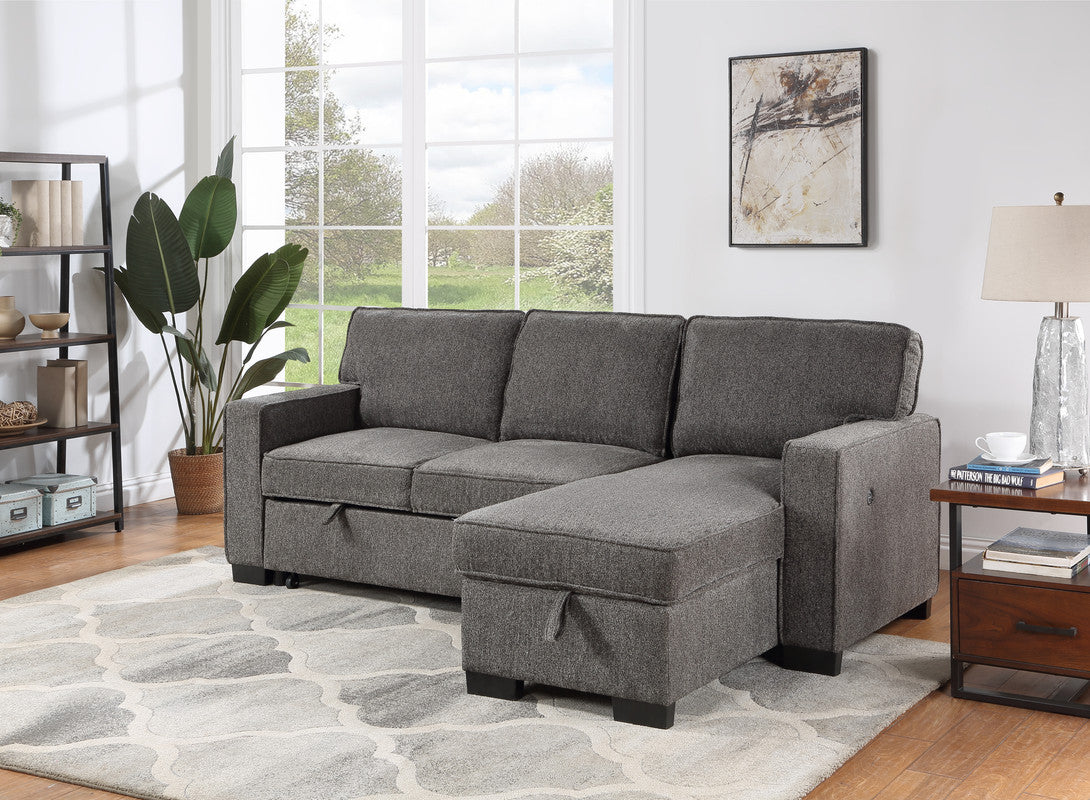 ivy dark gray fabric reversible sleeper sectional with storage chaise drop-down table 2 cup holders and 2 usb ports