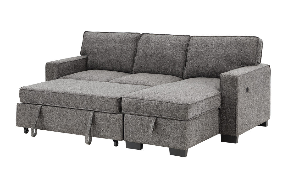 ivy dark gray fabric reversible sleeper sectional with storage chaise drop-down table 2 cup holders and 2 usb ports