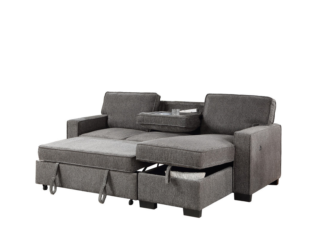 ivy dark gray fabric reversible sleeper sectional with storage chaise drop-down table 2 cup holders and 2 usb ports