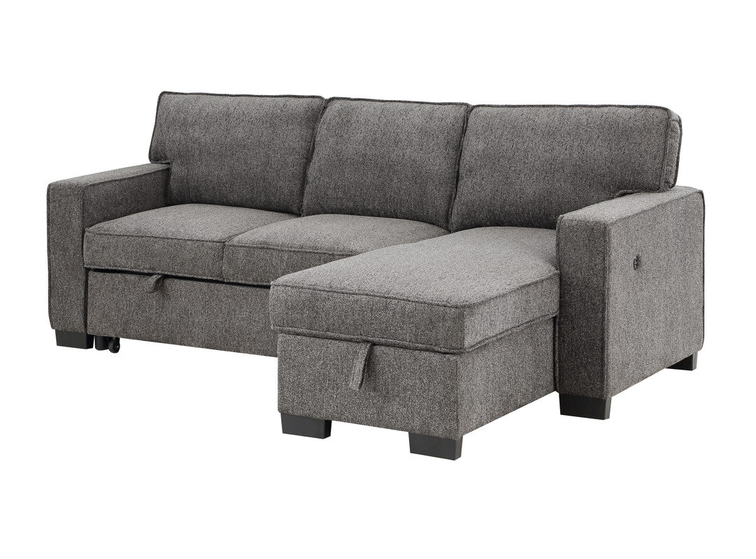 ivy dark gray fabric reversible sleeper sectional with storage chaise drop-down table 2 cup holders and 2 usb ports