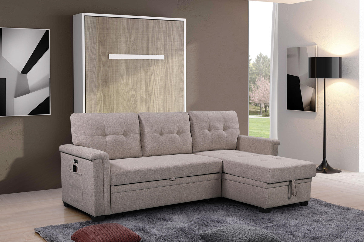 ivy light gray reversible sleeper sectional sofa with storage chaise, usb charging ports and pocket