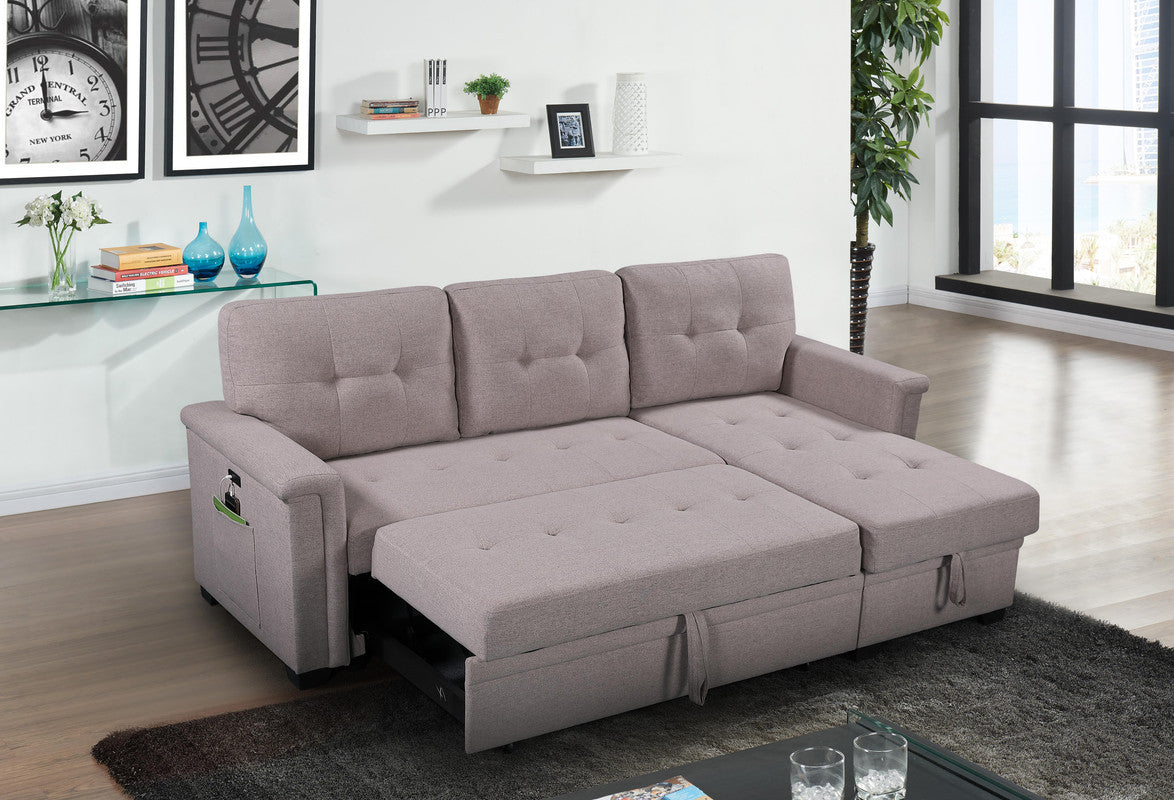 ivy light gray reversible sleeper sectional sofa with storage chaise, usb charging ports and pocket