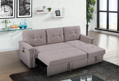 Ivy Light Gray Reversible Sleeper Sectional Sofa with Storage Chaise, USB Charging Ports and Pocket