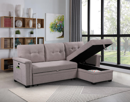 Ivy Light Gray Reversible Sleeper Sectional Sofa with Storage Chaise, USB Charging Ports and Pocket