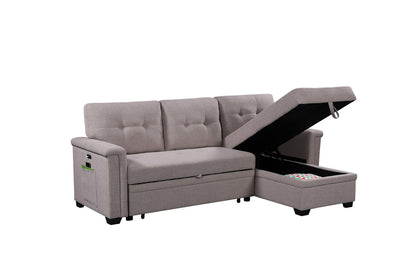 Ivy Light Gray Reversible Sleeper Sectional Sofa with Storage Chaise, USB Charging Ports and Pocket