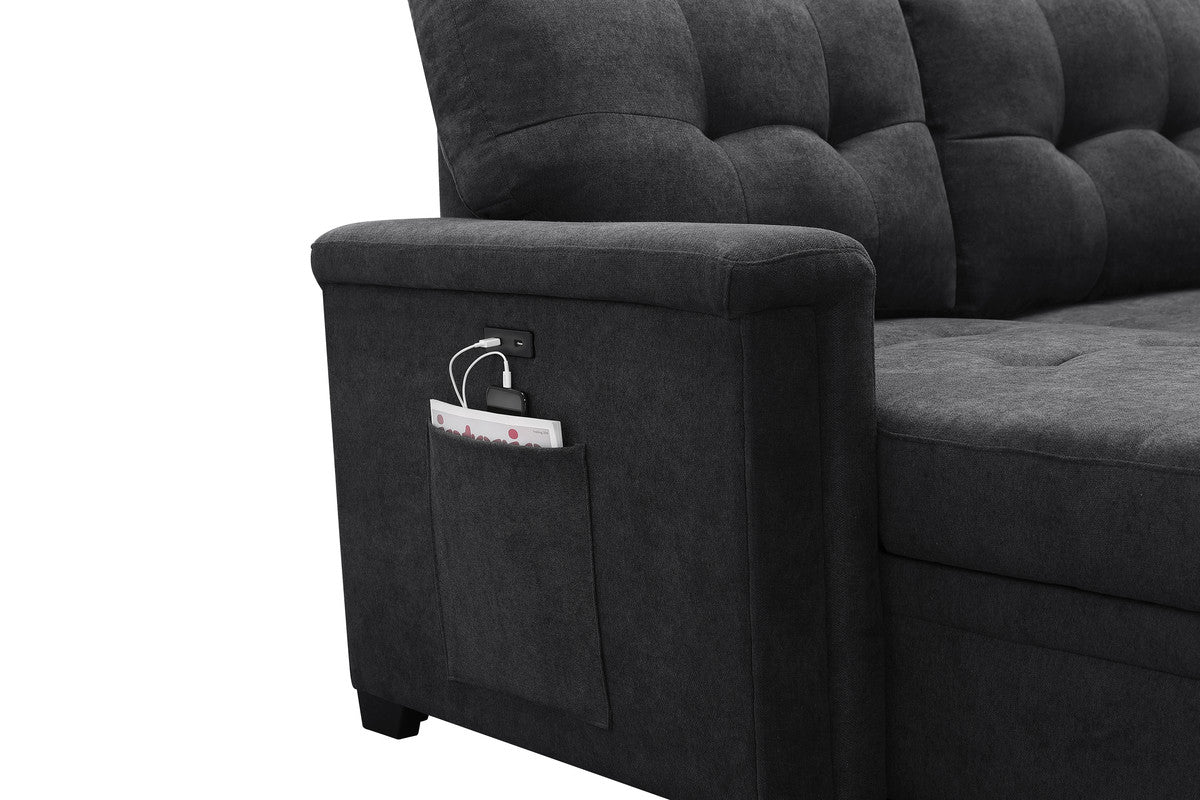 haris dark gray woven fabric sleeper sectional sofa chaise with usb charger and tablet pocket