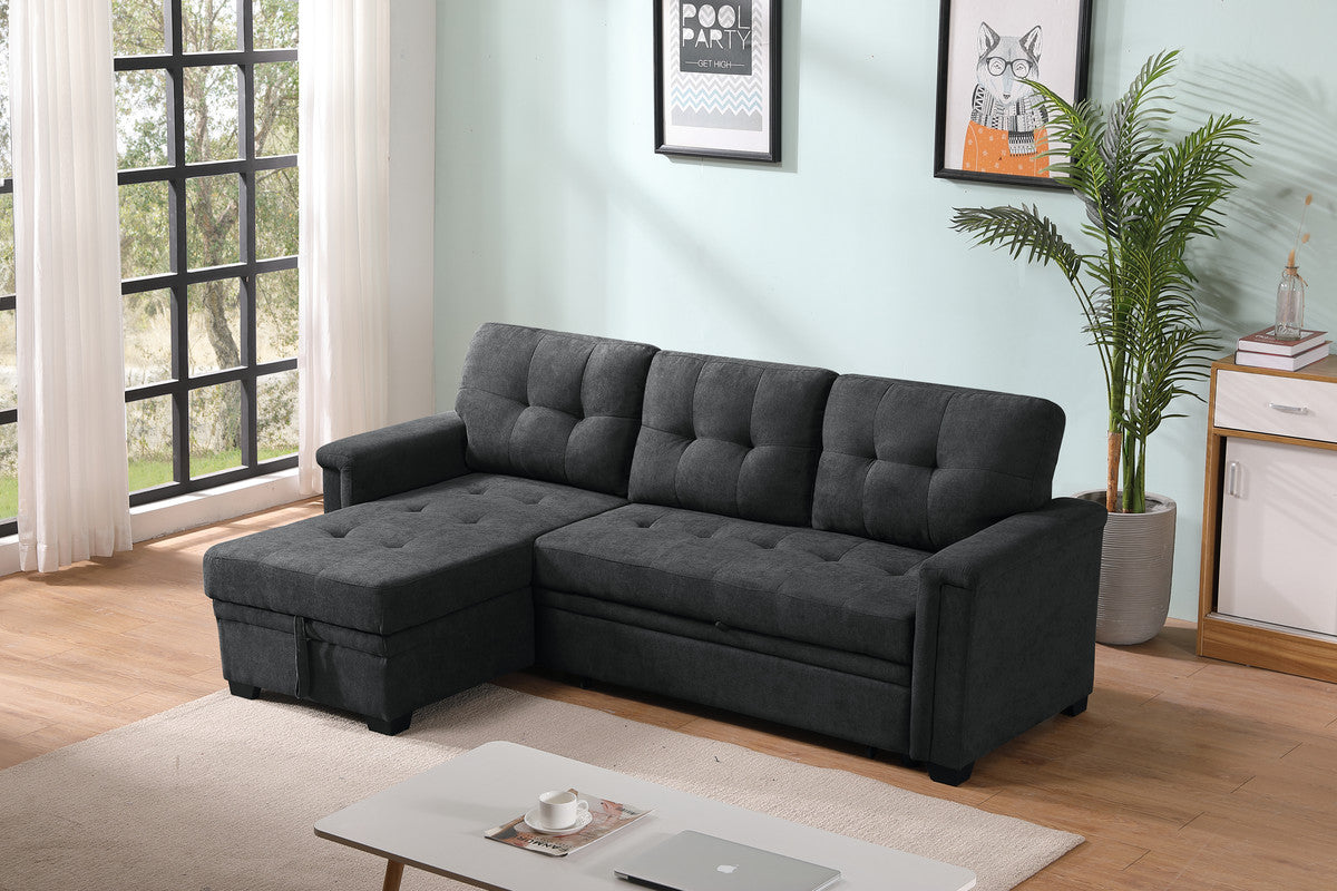 haris dark gray woven fabric sleeper sectional sofa chaise with usb charger and tablet pocket