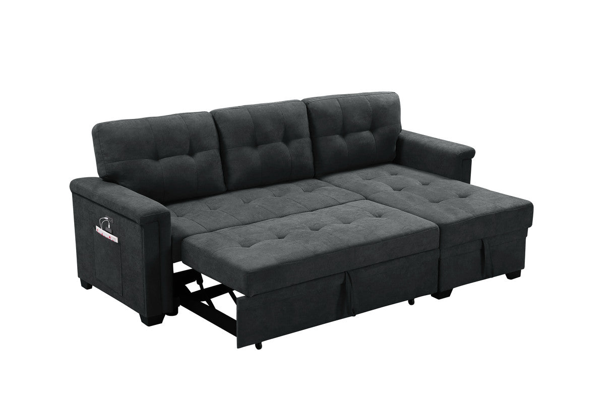 haris dark gray woven fabric sleeper sectional sofa chaise with usb charger and tablet pocket