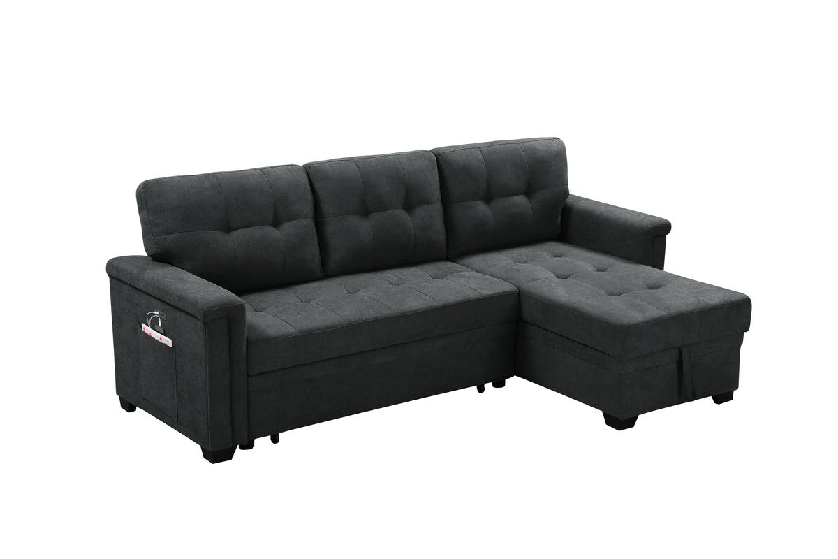 haris dark gray woven fabric sleeper sectional sofa chaise with usb charger and tablet pocket