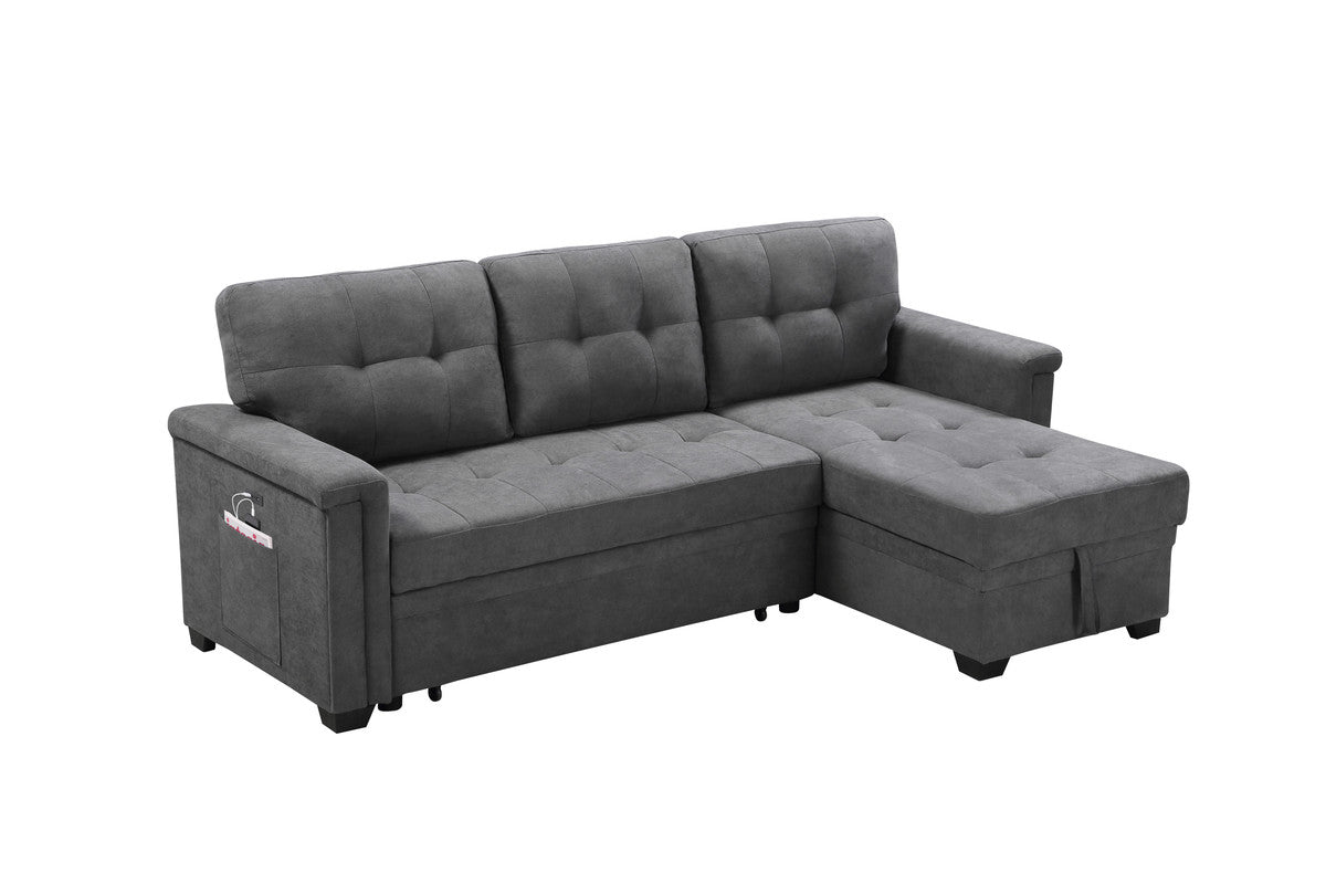 henrik gray woven fabric sleeper sectional sofa chaise with usb charger and tablet pocket