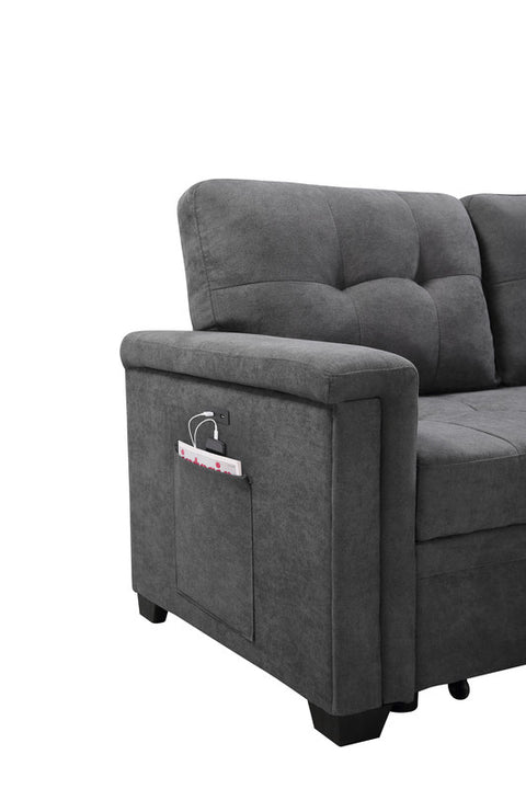 Henrik Gray Woven Fabric Sleeper Sectional Sofa Chaise with USB Charger and Tablet Pocket