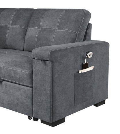 Henrik Gray Woven Fabric Reversible Sleeper Sectional Sofa with Storage Chaise Cup Holder Charging Ports and Pockets