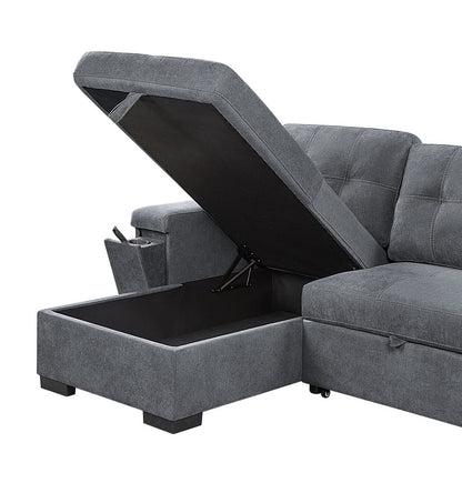 Henrik Gray Woven Fabric Reversible Sleeper Sectional Sofa with Storage Chaise Cup Holder Charging Ports and Pockets