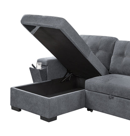 Henrik Gray Woven Fabric Reversible Sleeper Sectional Sofa with Storage Chaise Cup Holder Charging Ports and Pockets