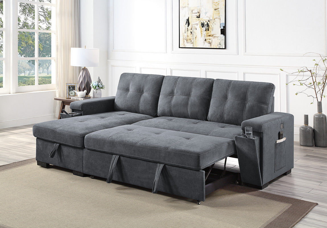 henrik gray woven fabric reversible sleeper sectional sofa with storage chaise cup holder charging ports and pockets