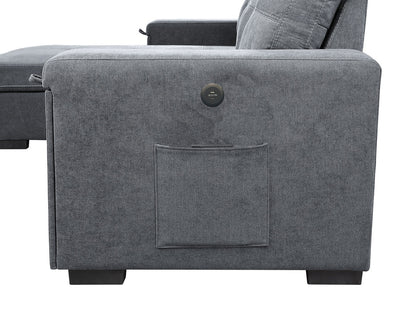 Henrik Gray Woven Fabric Reversible Sleeper Sectional Sofa with Storage Chaise Cup Holder Charging Ports and Pockets