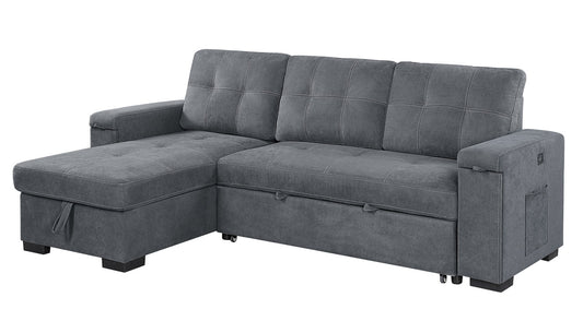 Henrik Gray Woven Fabric Reversible Sleeper Sectional Sofa with Storage Chaise Cup Holder Charging Ports and Pockets