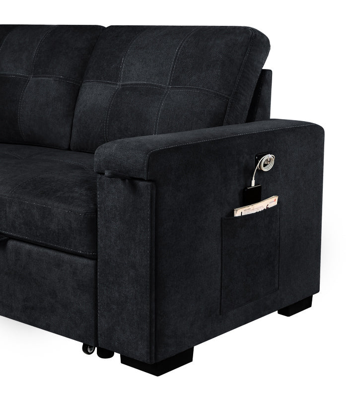 selene gray woven fabric reversible sleeper sectional sofa with storage chaise cup holder charging ports and pockets