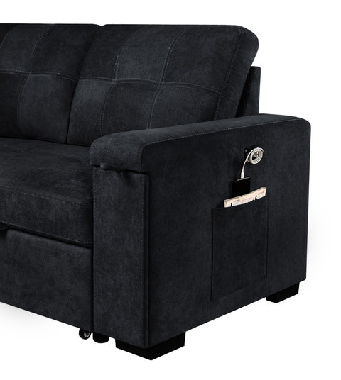 Selene Gray Woven Fabric Reversible Sleeper Sectional Sofa with Storage Chaise Cup Holder Charging Ports and Pockets