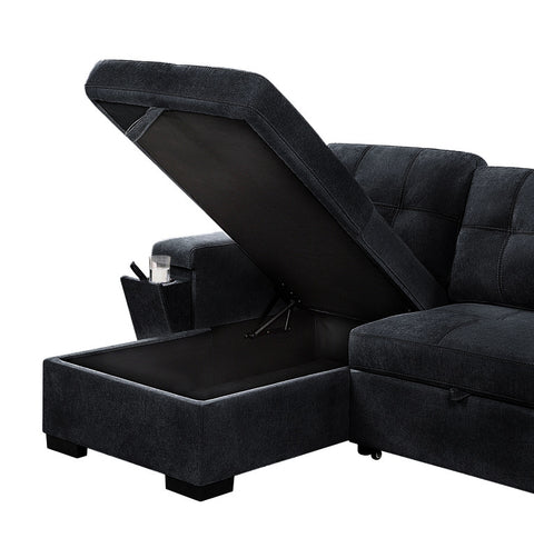 Selene Gray Woven Fabric Reversible Sleeper Sectional Sofa with Storage Chaise Cup Holder Charging Ports and Pockets