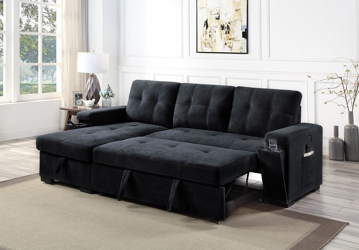 selene gray woven fabric reversible sleeper sectional sofa with storage chaise cup holder charging ports and pockets