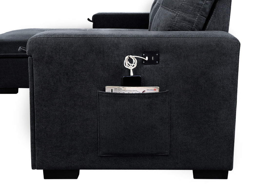 selene gray woven fabric reversible sleeper sectional sofa with storage chaise cup holder charging ports and pockets