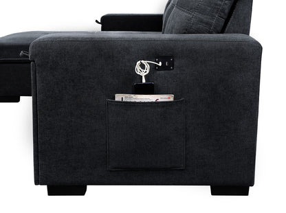 Selene Gray Woven Fabric Reversible Sleeper Sectional Sofa with Storage Chaise Cup Holder Charging Ports and Pockets