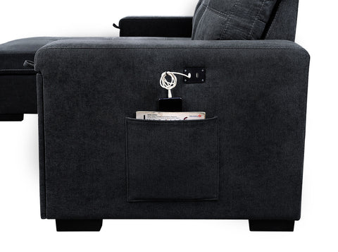 Selene Gray Woven Fabric Reversible Sleeper Sectional Sofa with Storage Chaise Cup Holder Charging Ports and Pockets