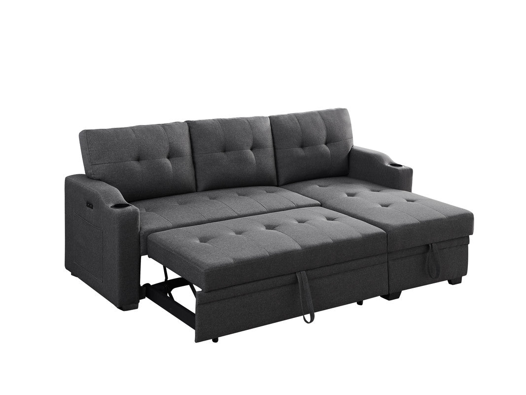 selene dark gray linen fabric sleeper sectional with cupholder, usb charging port and pocket