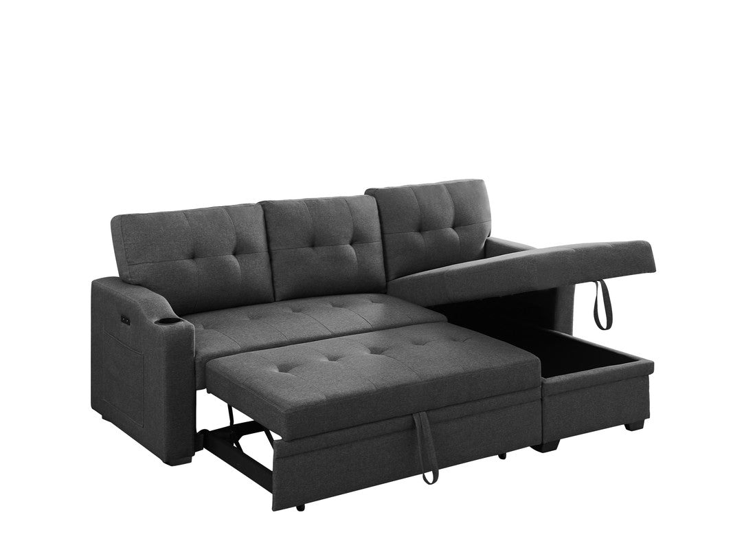 selene dark gray linen fabric sleeper sectional with cupholder, usb charging port and pocket