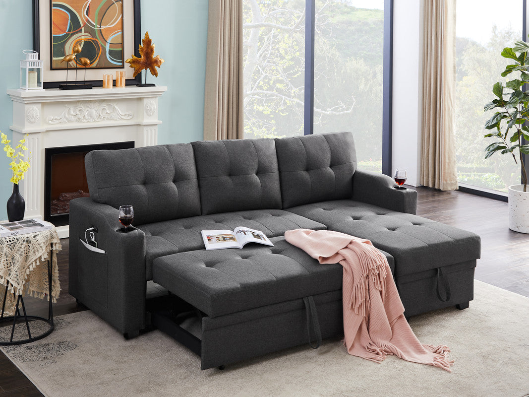 selene dark gray linen fabric sleeper sectional with cupholder, usb charging port and pocket