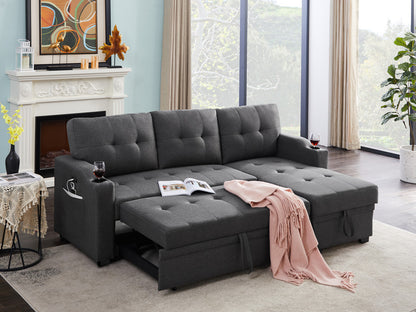 Selene Dark Gray Linen Fabric Sleeper Sectional with cupholder, USB charging port and pocket
