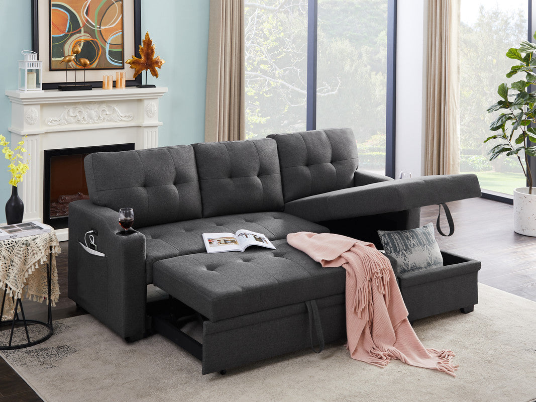 selene dark gray linen fabric sleeper sectional with cupholder, usb charging port and pocket