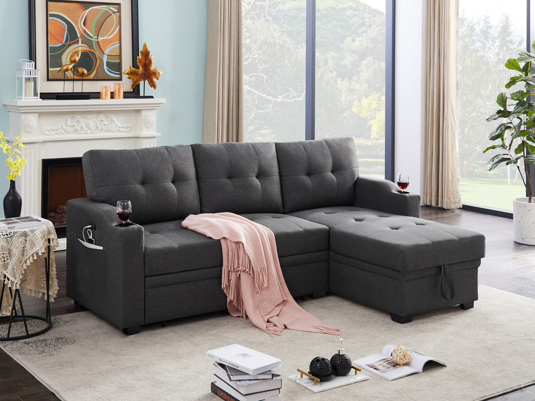 selene dark gray linen fabric sleeper sectional with cupholder, usb charging port and pocket