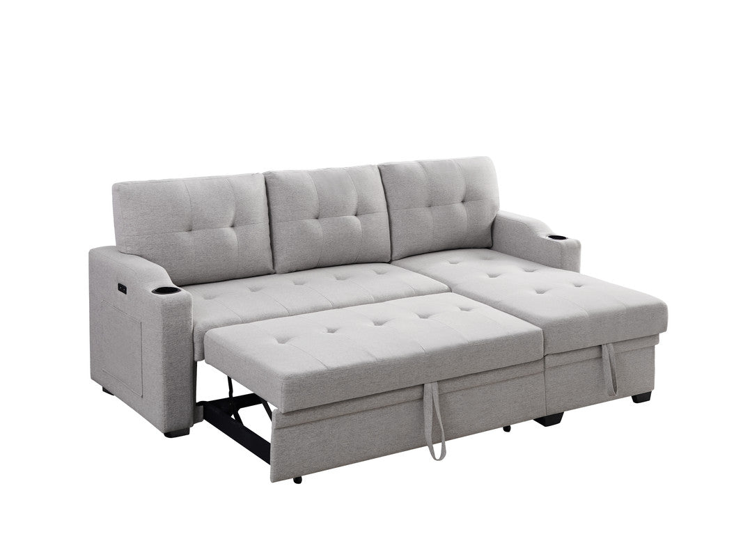 anisa light gray linen fabric sleeper sectional with cupholder, usb charging port and pocket