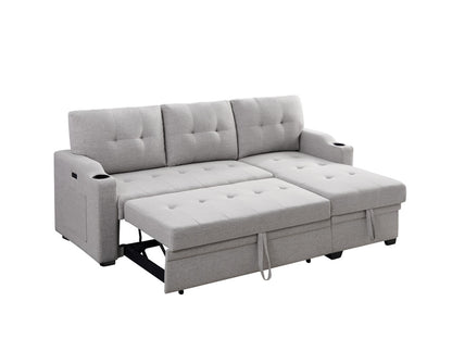 Anisa Light Gray Linen Fabric Sleeper Sectional with cupholder, USB charging port and pocket