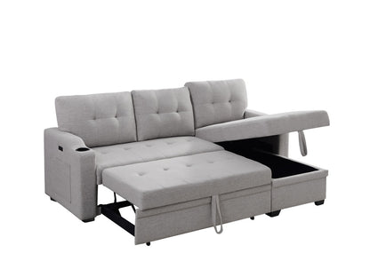 Anisa Light Gray Linen Fabric Sleeper Sectional with cupholder, USB charging port and pocket