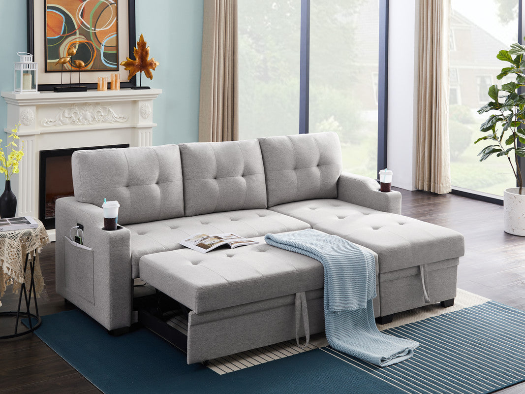 anisa light gray linen fabric sleeper sectional with cupholder, usb charging port and pocket