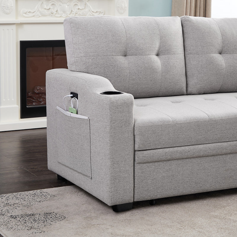 anisa light gray linen fabric sleeper sectional with cupholder, usb charging port and pocket