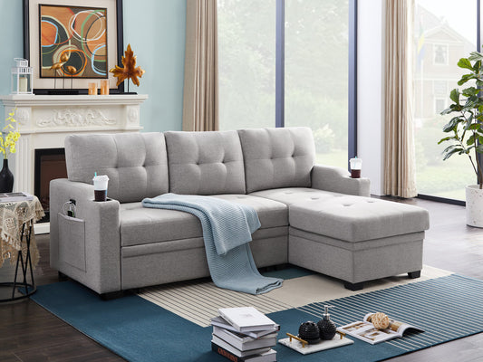 Anisa Light Gray Linen Fabric Sleeper Sectional with cupholder, USB charging port and pocket