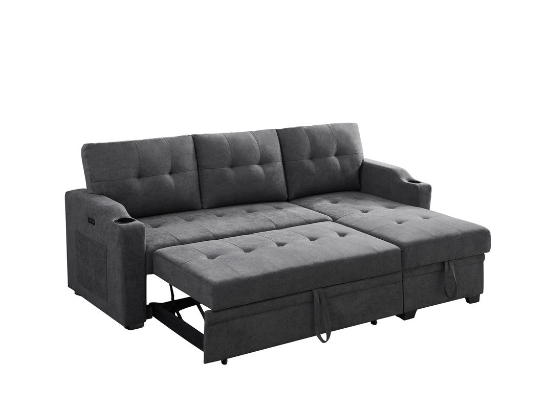 anisa dark gray woven fabric sleeper sectional with cupholder, usb charging port and pocket