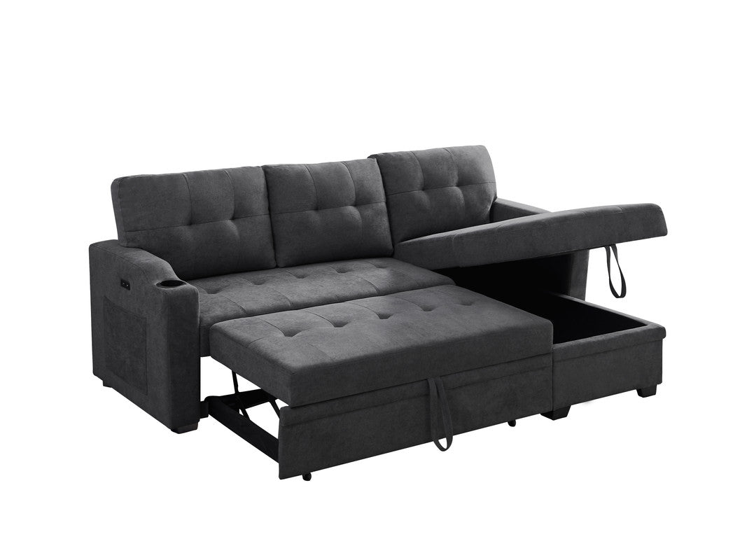 anisa dark gray woven fabric sleeper sectional with cupholder, usb charging port and pocket