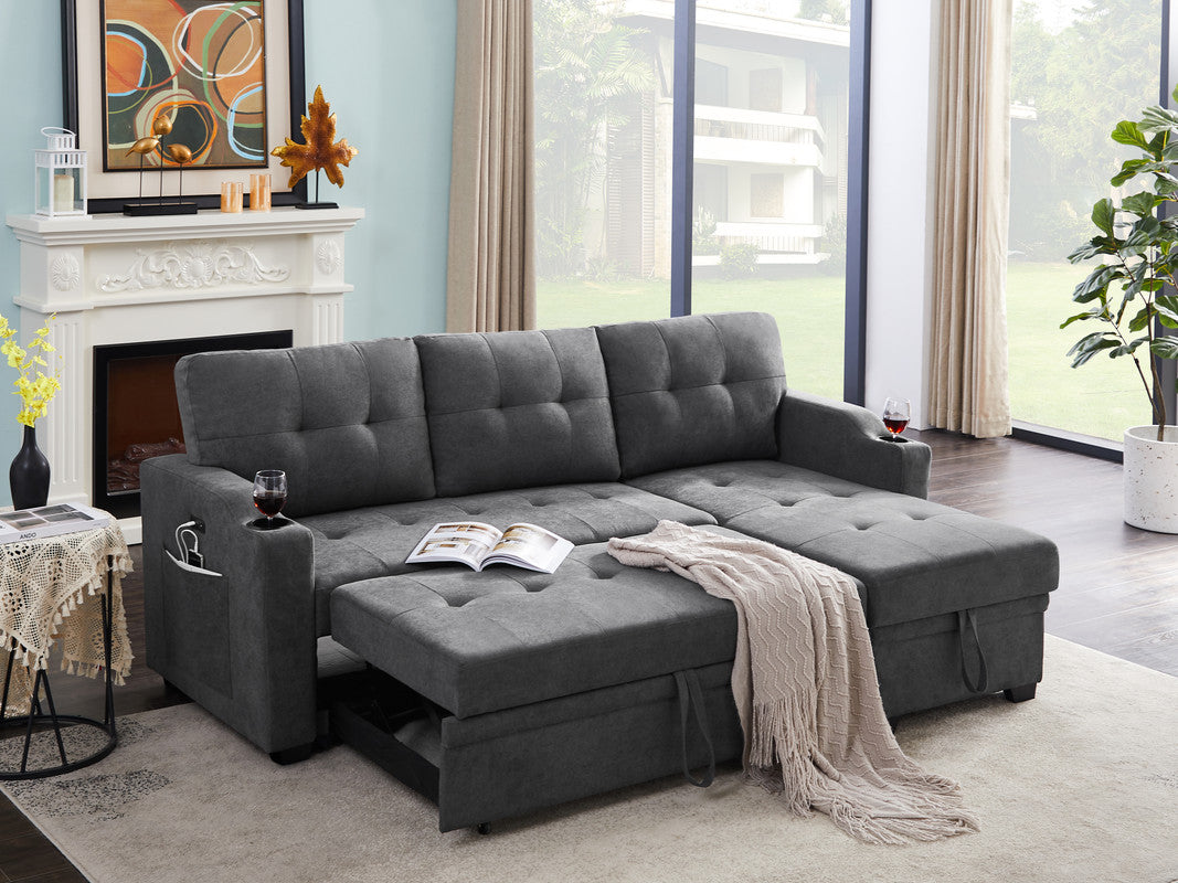 anisa dark gray woven fabric sleeper sectional with cupholder, usb charging port and pocket