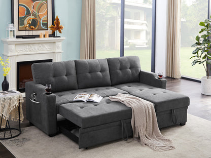 Anisa Dark Gray Woven Fabric Sleeper Sectional with cupholder, USB charging port and pocket