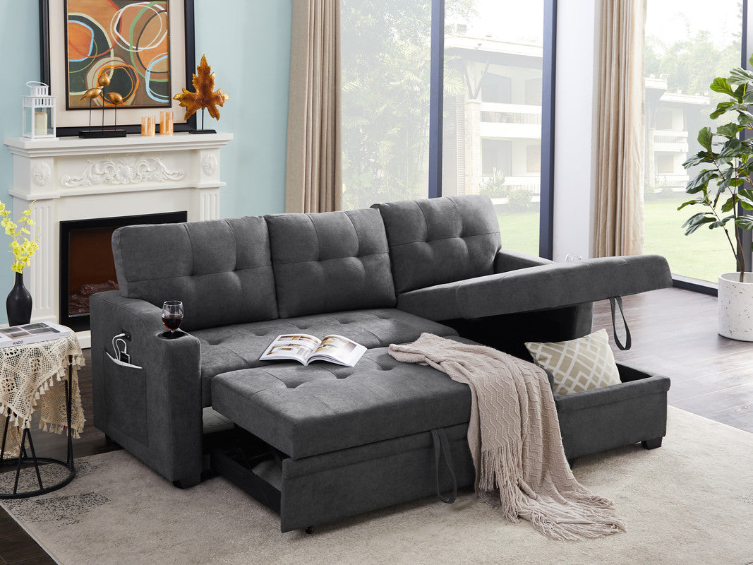 anisa dark gray woven fabric sleeper sectional with cupholder, usb charging port and pocket