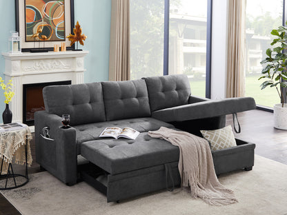 Anisa Dark Gray Woven Fabric Sleeper Sectional with cupholder, USB charging port and pocket