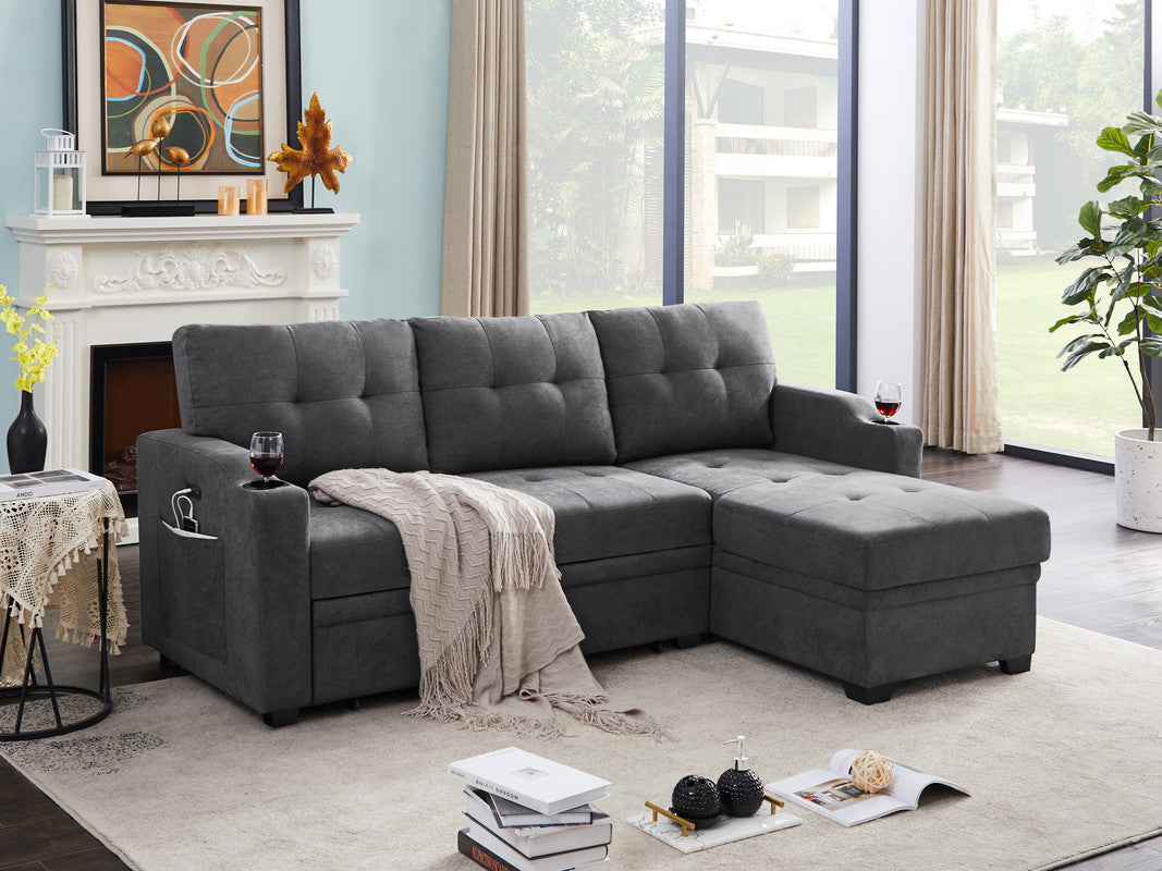 anisa dark gray woven fabric sleeper sectional with cupholder, usb charging port and pocket